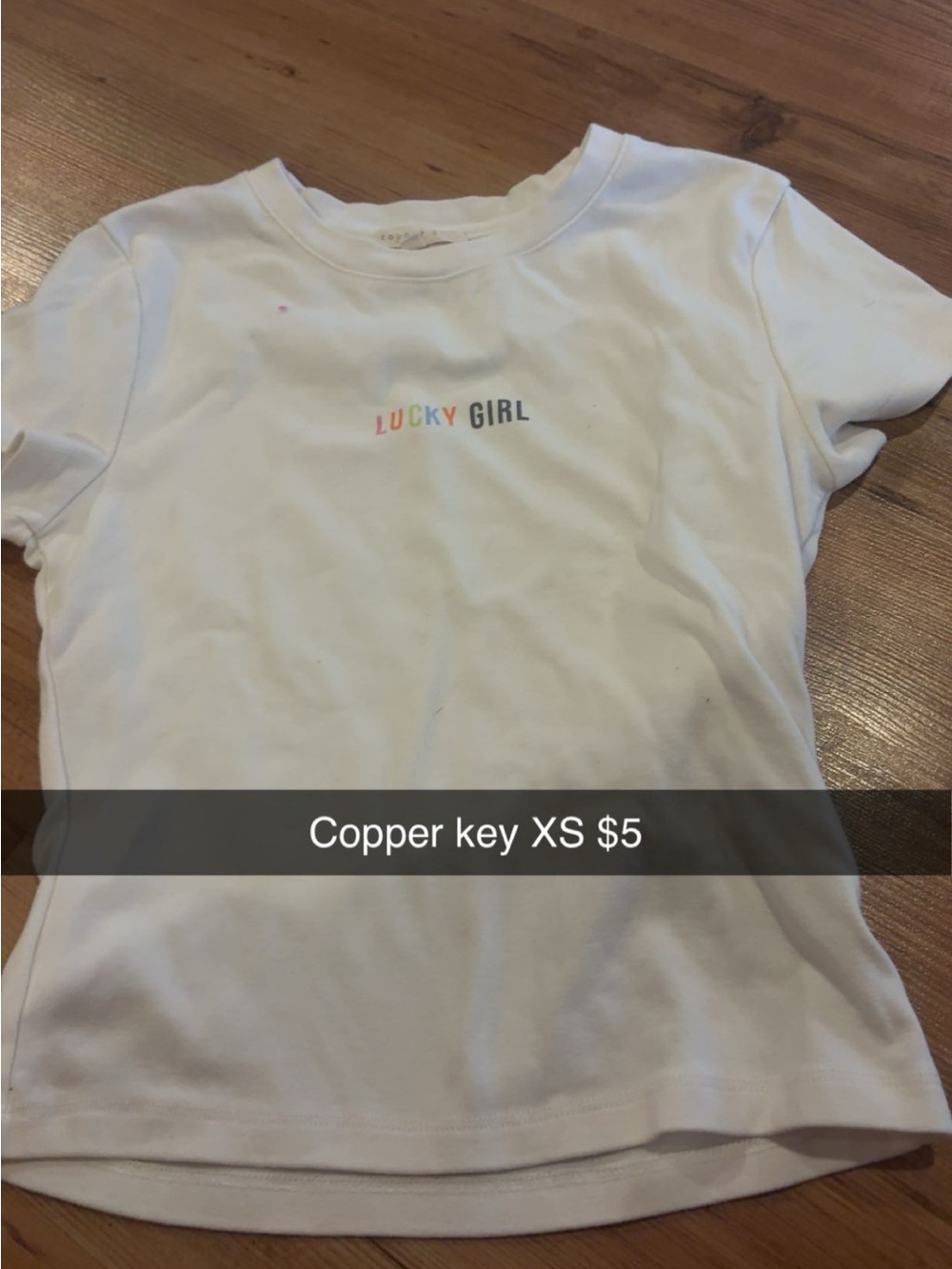 Copper Key White Tee with Multicolor "Lucky Girl" Text